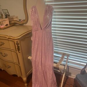Elegant Mauve Satin Evening Dress Floral Jacquard maxi oh hello sz S NWT new